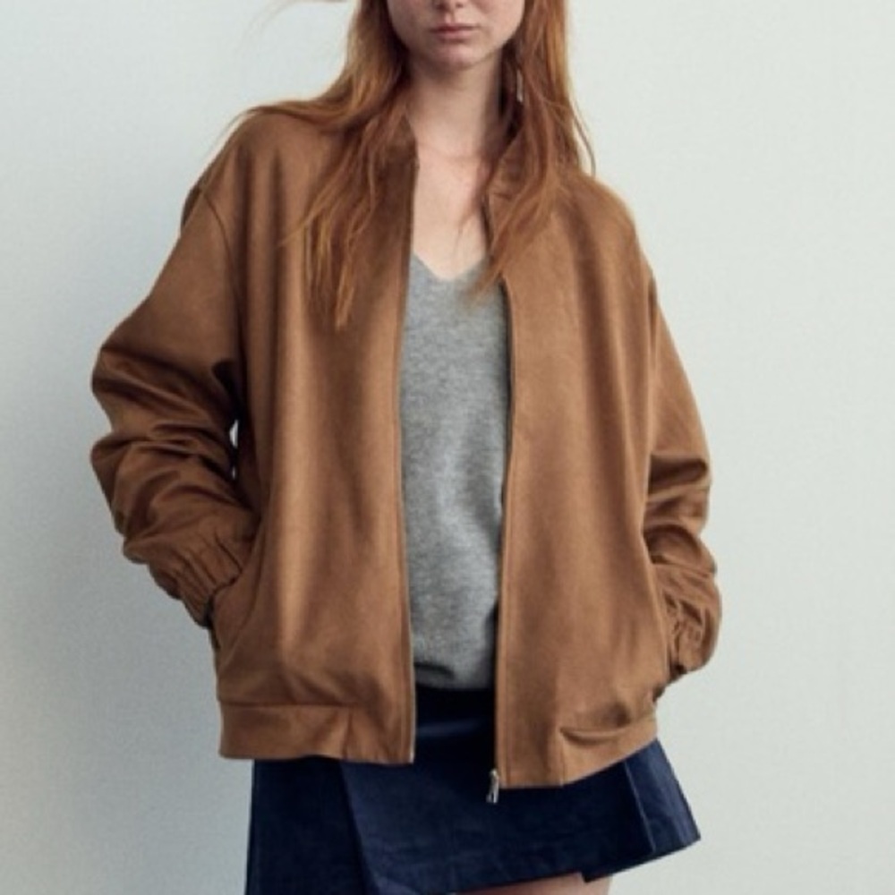 Zara NWT faux suede tan brown bomber jacket - Picture 4 of 6